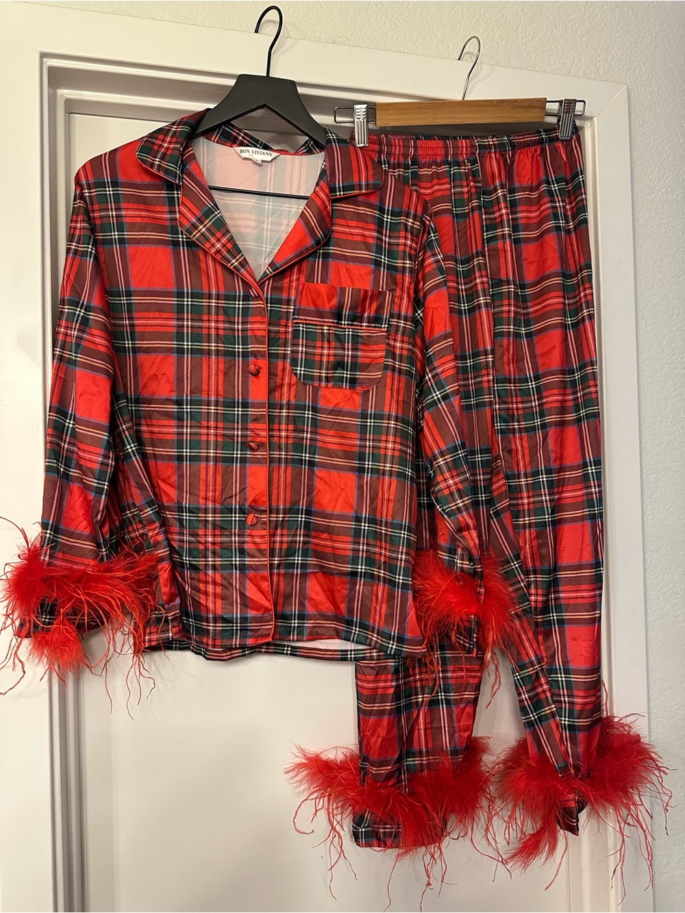 Bon Vivianne Red Plaid Feather-Trim Women's Pajama Set
